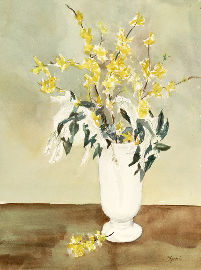 Forsythia in White Vase